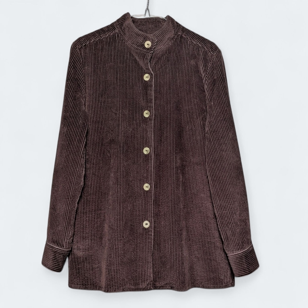Chadwicks Women’s Dark Brown Corduroy Mandarin Collar Button Down Shirt Shacket